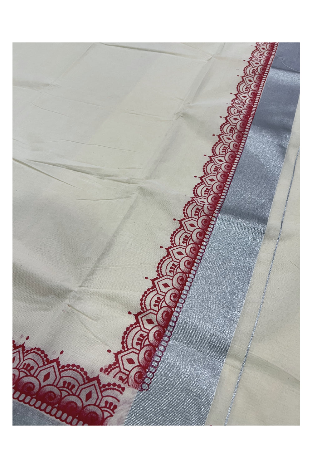 Pure Cotton Off White Kerala Silver Kasavu Saree with Red Block Print along Borders