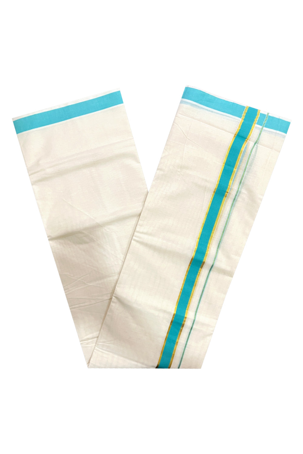 Pure Cotton Double Mundu with Kasavu Turquoise Kara (South Indian Kerala Dhoti)