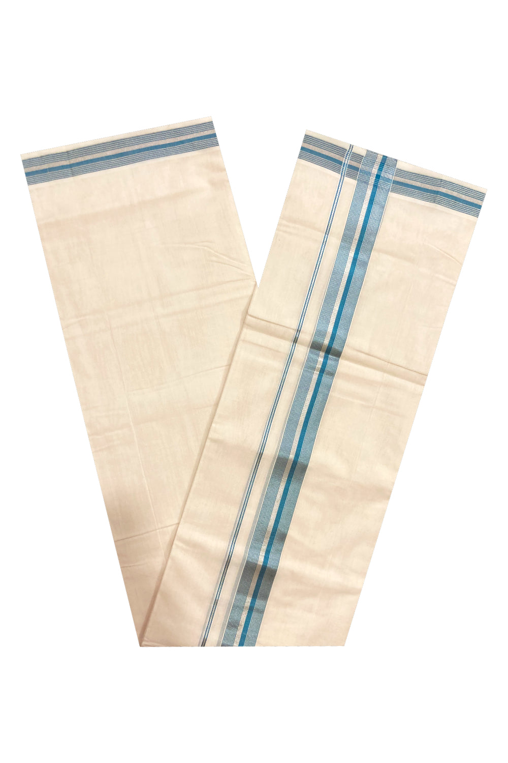 Southloom Premium Handloom Cotton Off White Mundu with Silver and Teal Blue Kasavu Border (South Indian Dhoti)