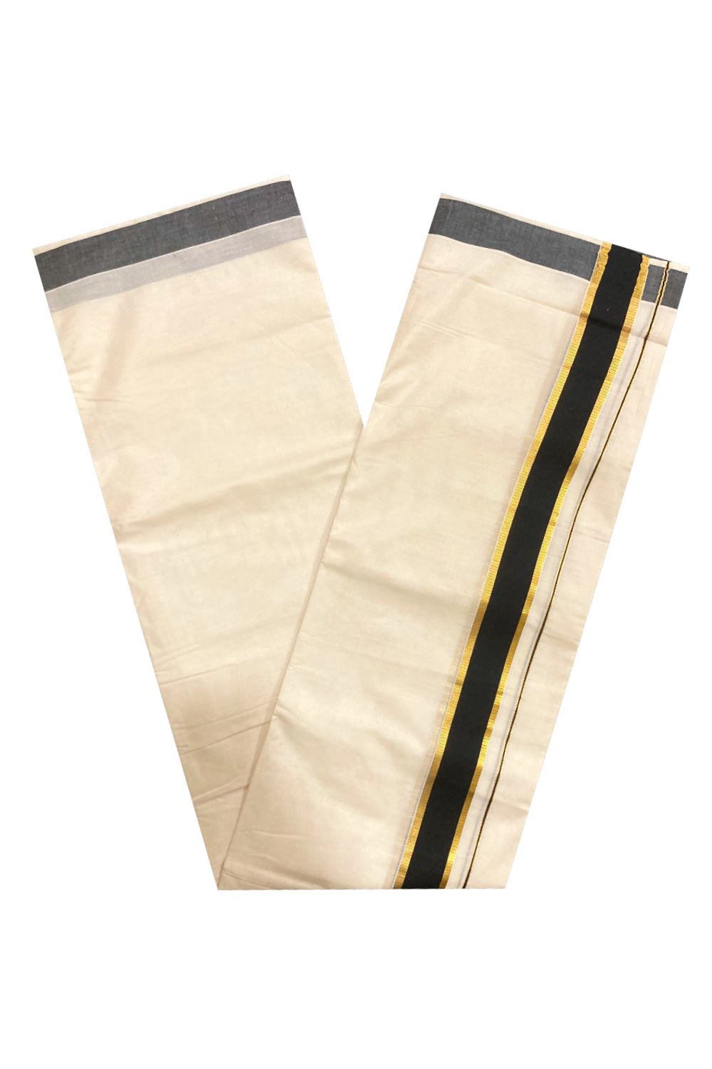 Pure Cotton Double Mundu with Black and Kasavu Border (South Indian Dhoti)