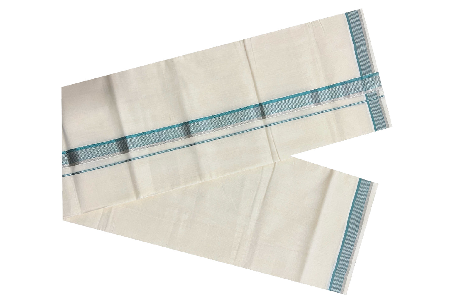 Southloom Balaramapuram Handloom Pure Cotton Mundu with Silver and Turquoise Kasavu Border (South Indian Dhoti)