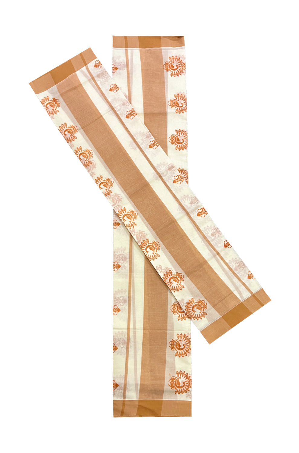 Pure Cotton Single Set Mundu (Mundum Neriyathum Vishu 2023) with Brown Block Prints and Border