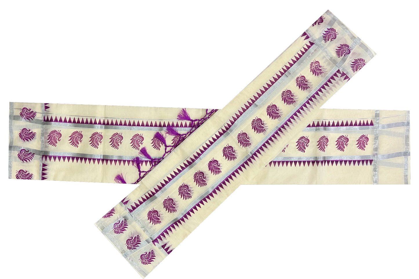 Kerala Cotton Set Mundu (Mundum Neriyathum) with Silver Kasavu Magenta Peacock Temple Block Prints and Tassels Border