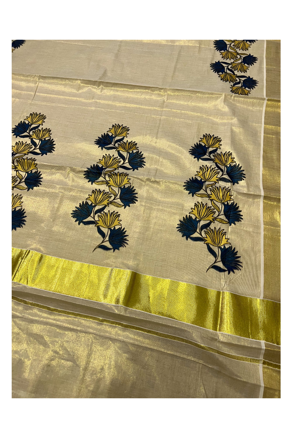 Kerala Tissue Kasavu Saree With Mural Printed Dark Blue and Yellow Floral Design