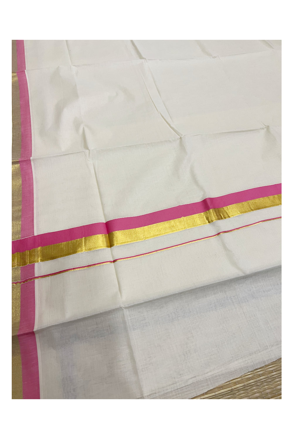 Kerala Pure Cotton Plain Saree with Kasavu Pink 2 inch Border and Pallu