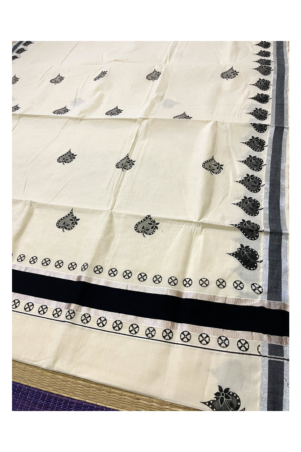 Pure Cotton Kerala Saree with Black Leaf Block Prints and Silver Kasavu Border (Vishu Saree 2023)