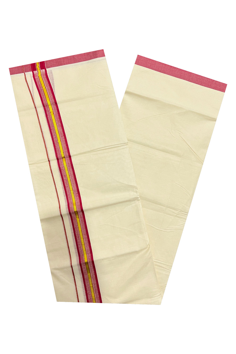 Pure Cotton Off White Double Mundu with Red and Kasavu Border (South Indian Dhoti)