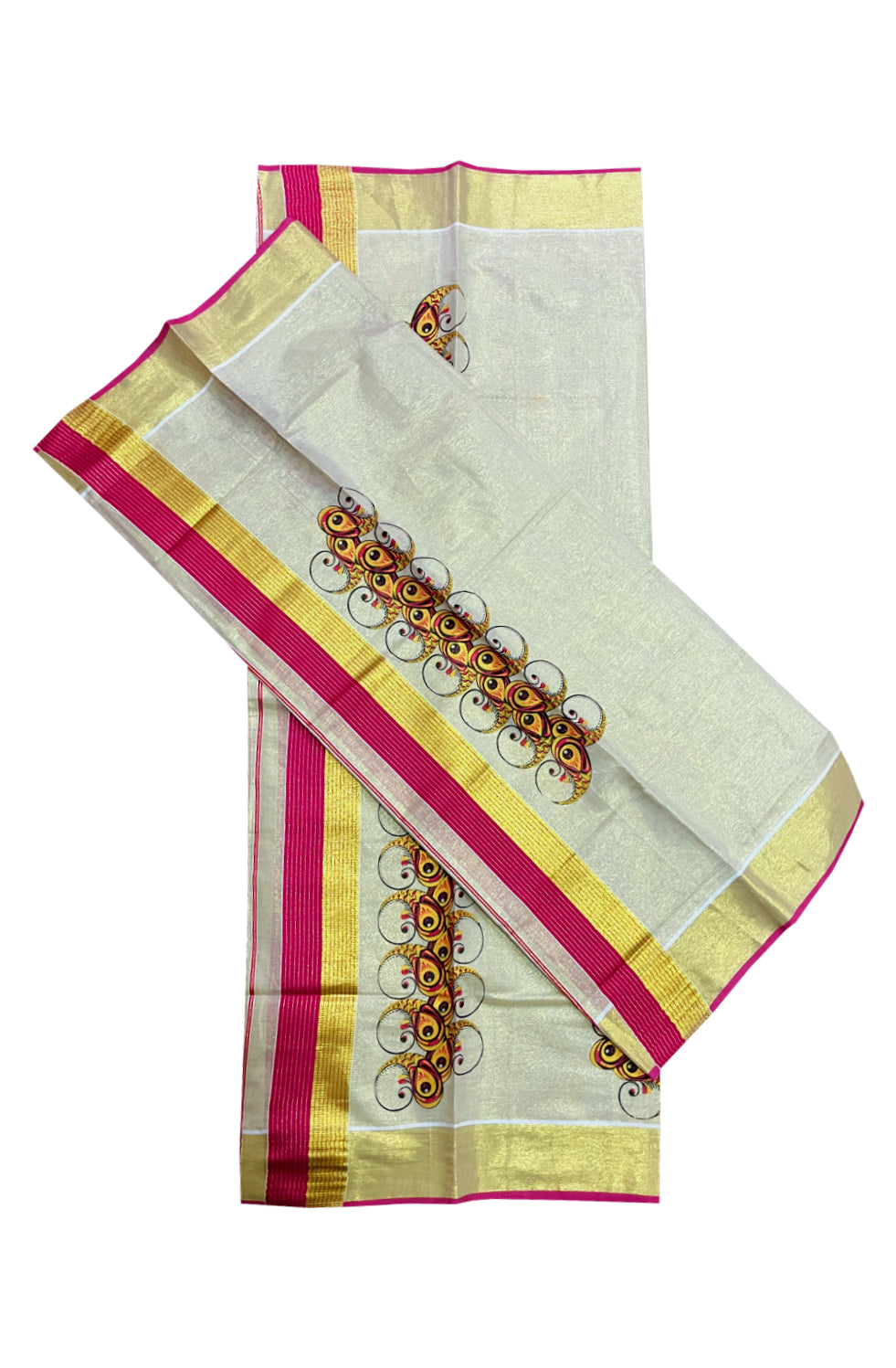 Kerala Tissue Set Mundu (Mundum Neriyathum) with Block Prints on Magenta and Kasavu Border 2.80 Mtrs