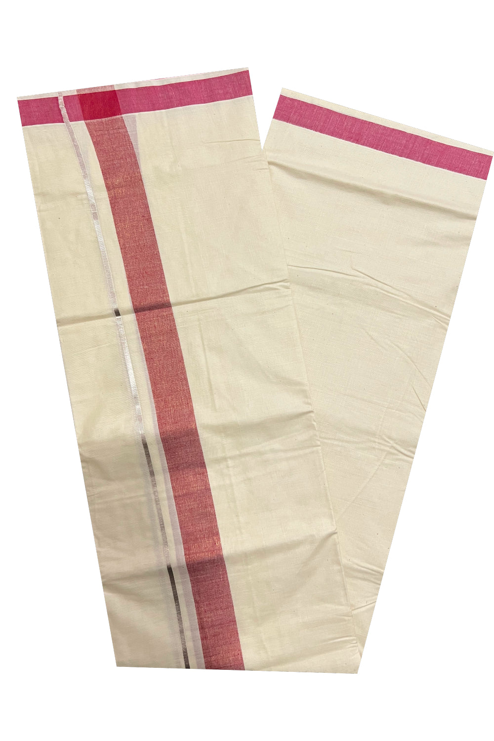 Pure Cotton Off White Double Mundu with Dark Red and Silver Kasavu Border (South Indian Dhoti)