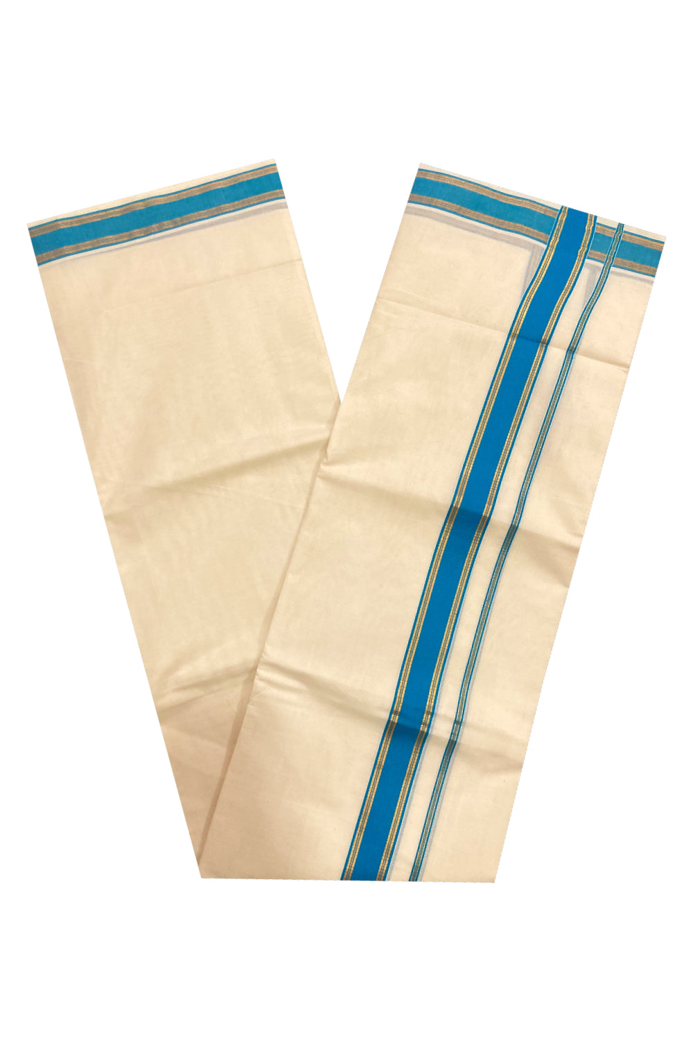 Off White Kerala Double Mundu with Kasavu and Blue Border (South Indian Dhoti)