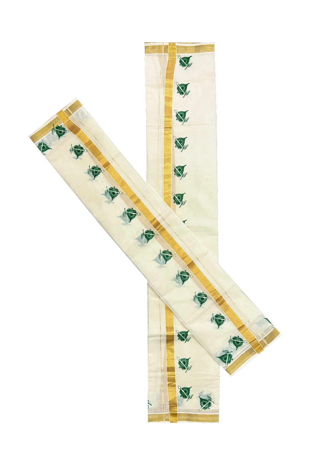 Kerala Cotton Kasavu Set Mundu (Mundum Neriyathum) with Green Block Prints