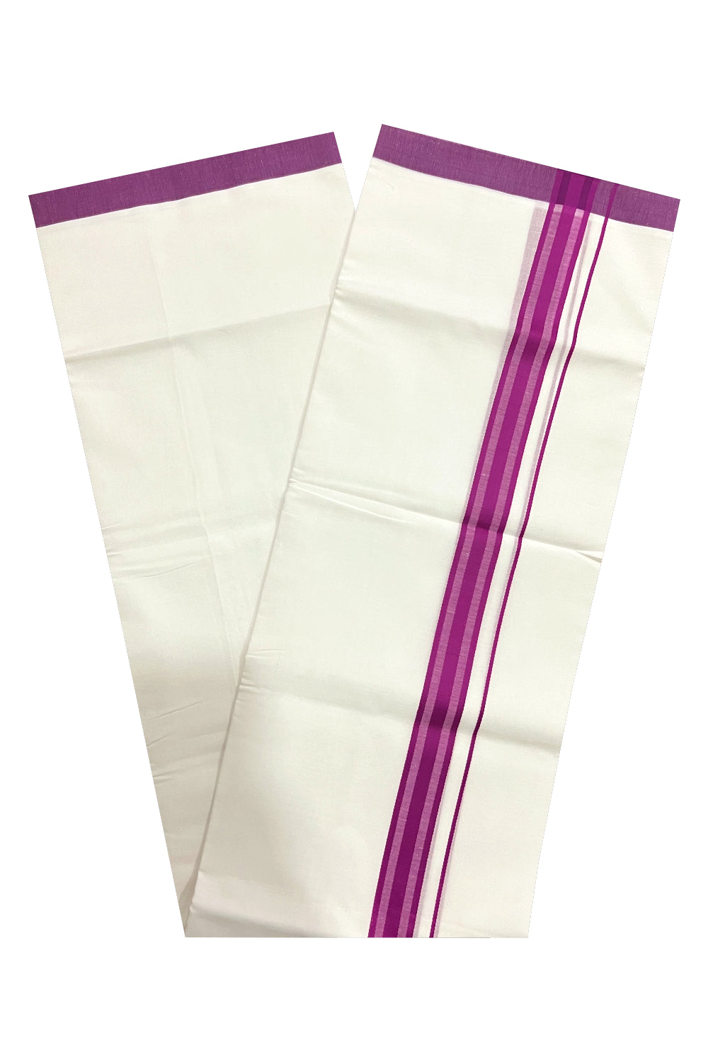 Pure White Cotton Double Mundu with Magenta Line Border (South Indian Dhoti)