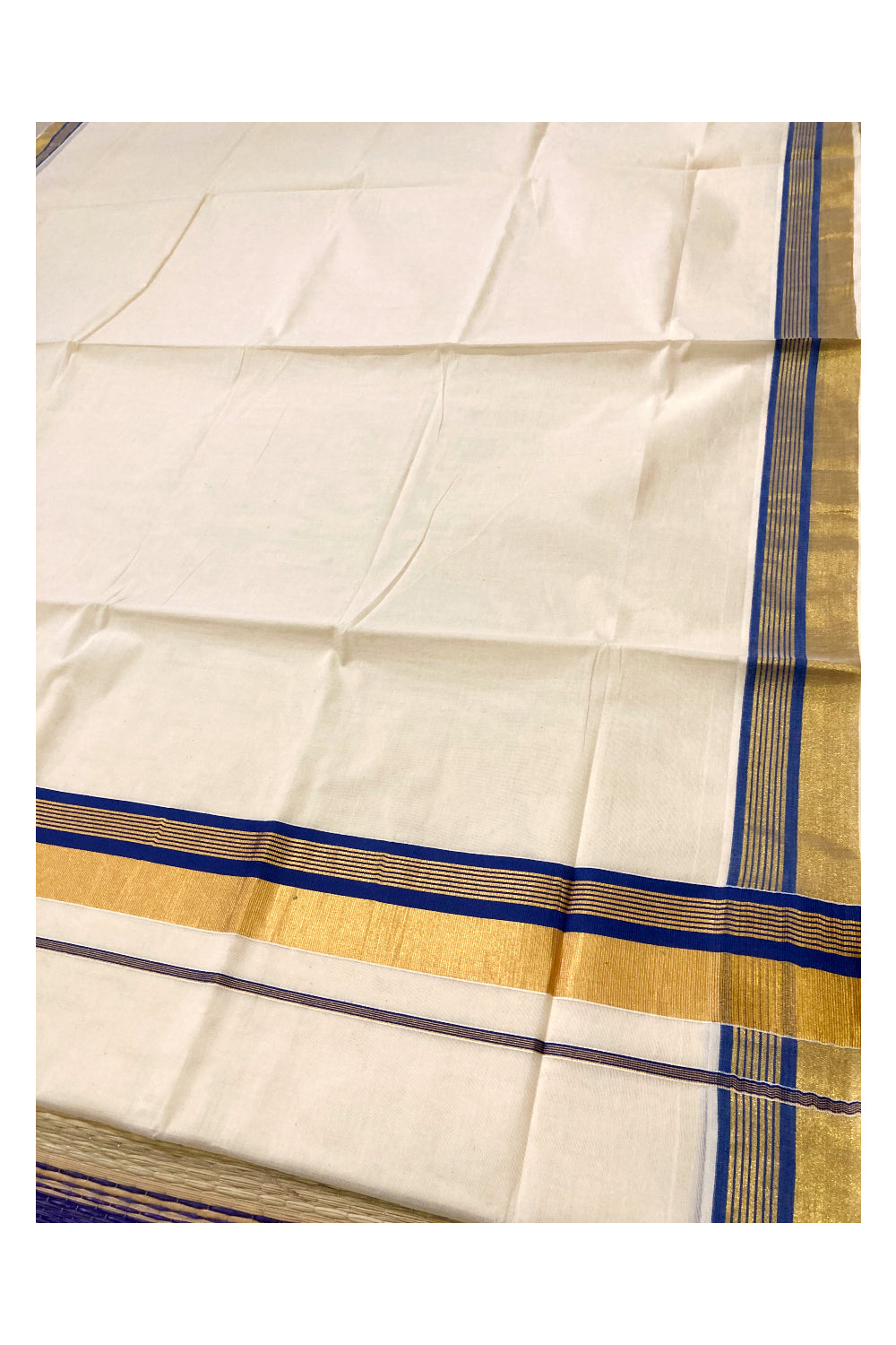 Kerala Pure Cotton Plain Saree with Kasavu and Blue Border