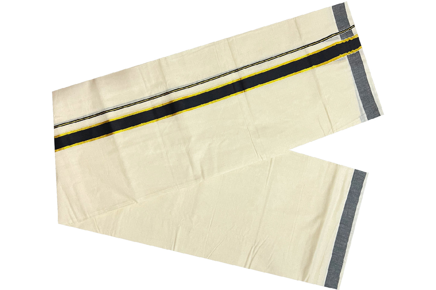 Off White Pure Cotton Double Mundu with Kasavu and Black Kara (South Indian Dhoti)