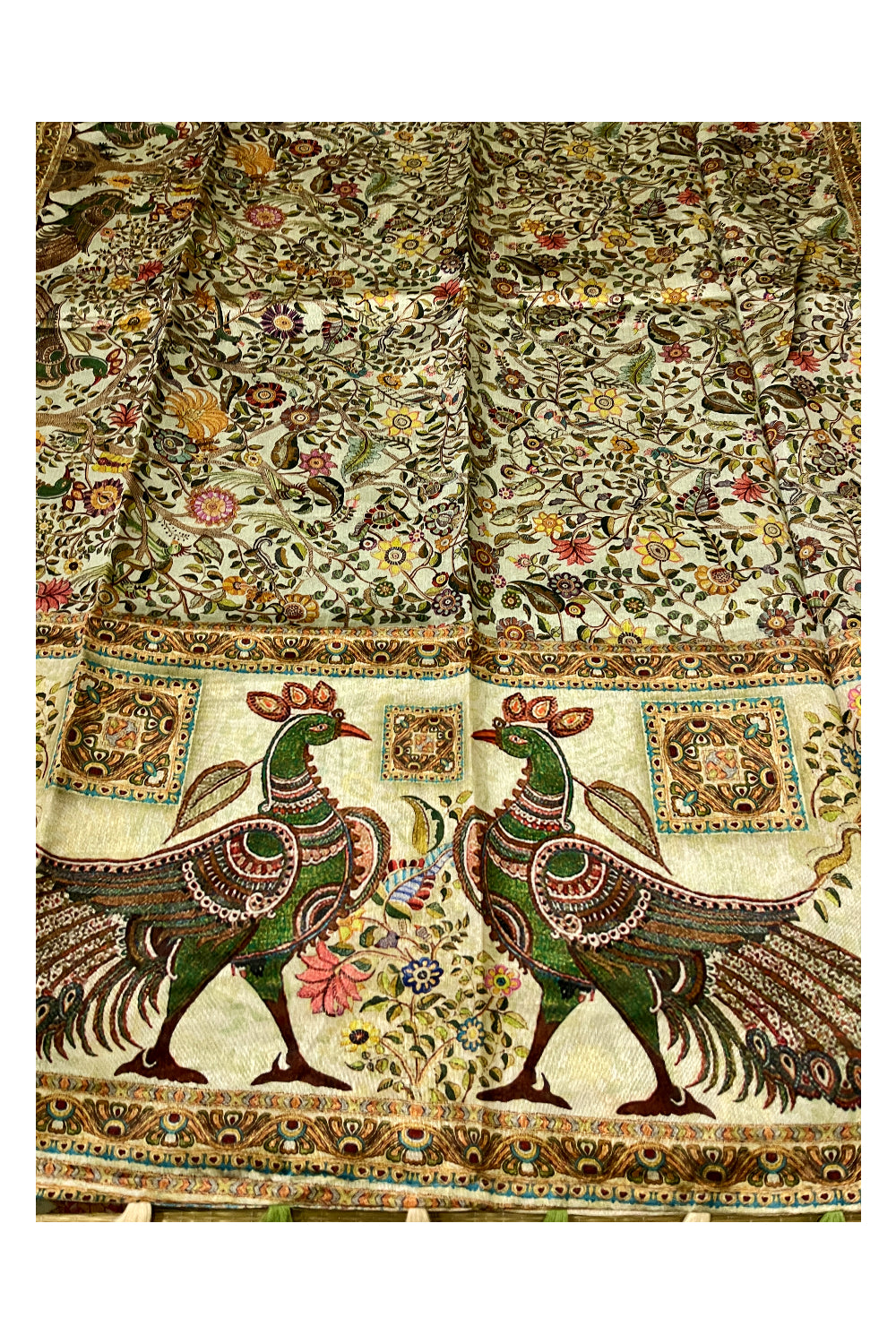 Southloom Art Silk Saree with Peacock Floral Prints on Body