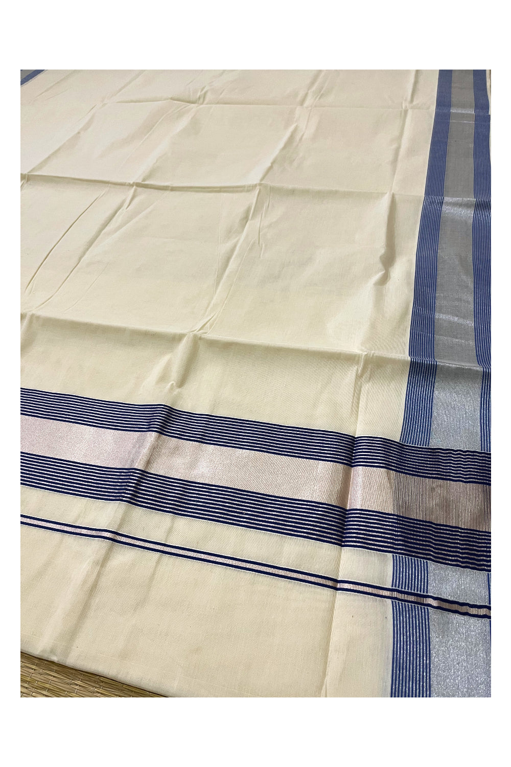 Pure Cotton Kerala Saree with Silver Kasavu and Blue Line Border