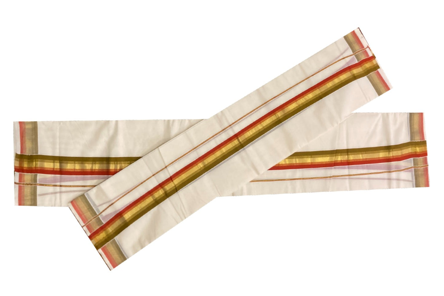 Kerala Cotton Mundum Neriyathum Double (Set Mundu) with Olive Green Red and Kasavu Border