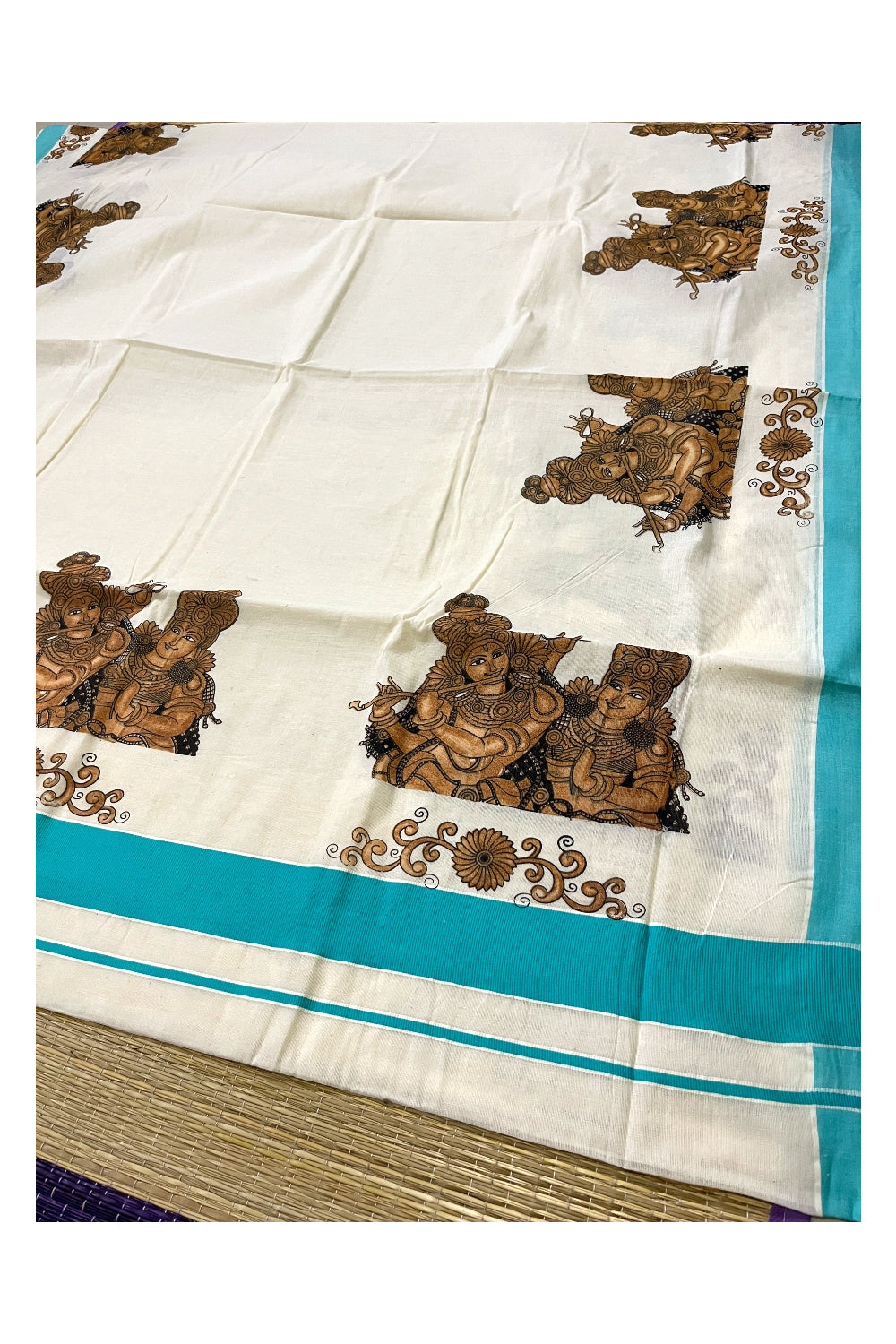 Kerala Pure Cotton Saree with Brown Krishna Radha Prints and Turquoise Border