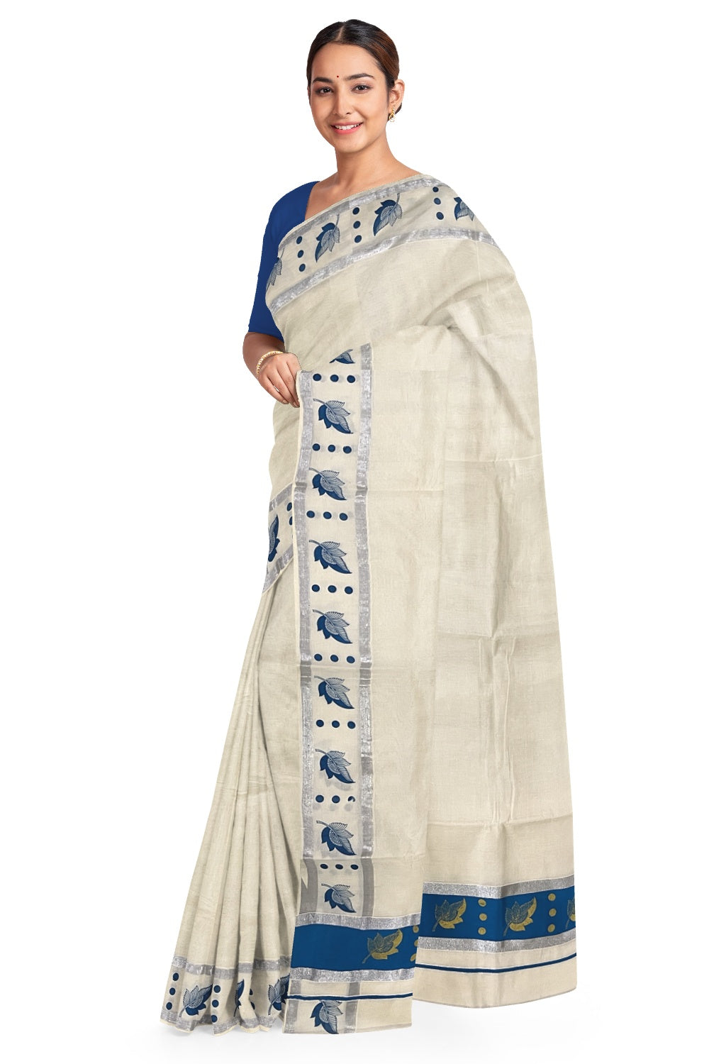 Pure Cotton Kerala Saree with Golden Leaf Block Prints on Silver Kasavu and Blue Pallu