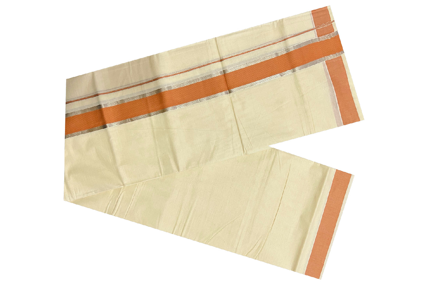 Off White Kerala Double Mundu with Silver Kasavu and Dark Orange Border (South Indian Dhoti)