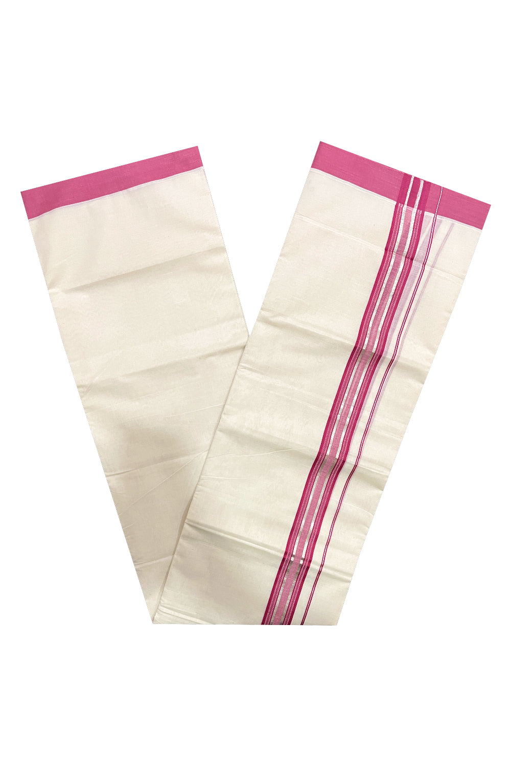 Pure Cotton Off White Double Mundu with Magenta and Silver Kara (South Indian Dhoti)