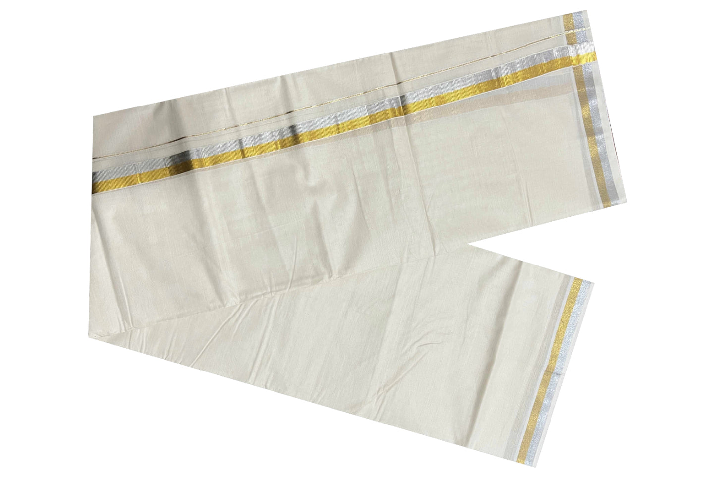 Off White Kerala Double Mundu with Silver and Golden Kasavu Border 1 inches (South Indian Kerala Dhoti)