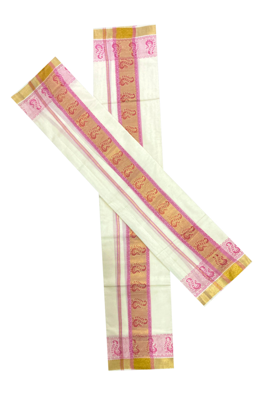 Kerala Cotton Kasavu Set Mundu (Mundum Neriyathum) with Pink Block Prints on Border