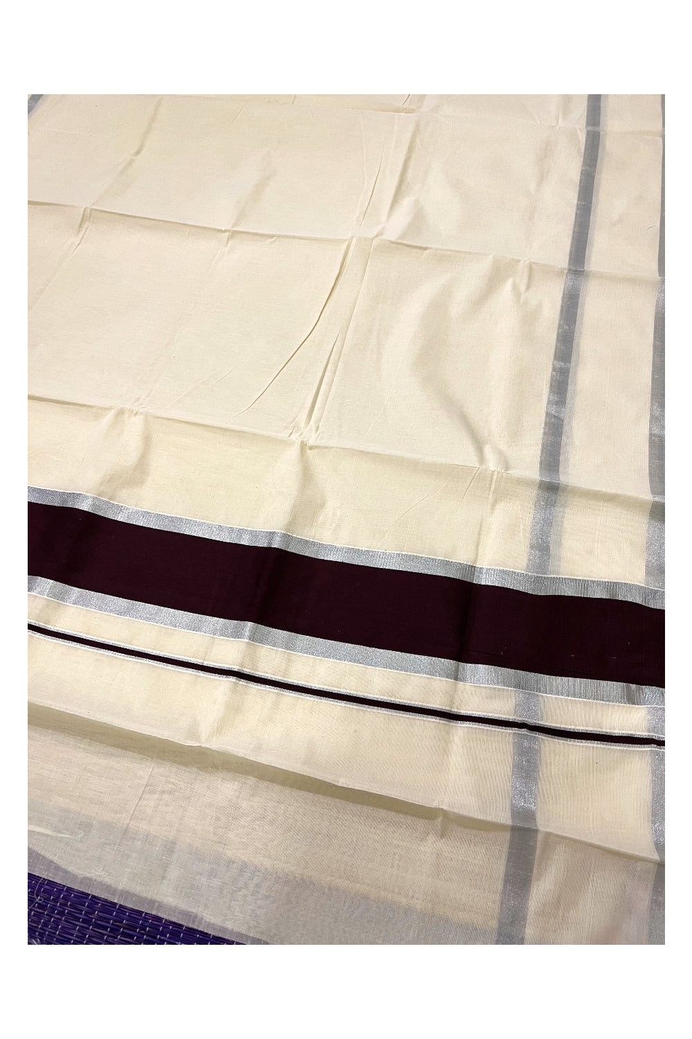 Pure Cotton Kerala Plain Saree with Silver Kasavu and Dark Brown Pallu