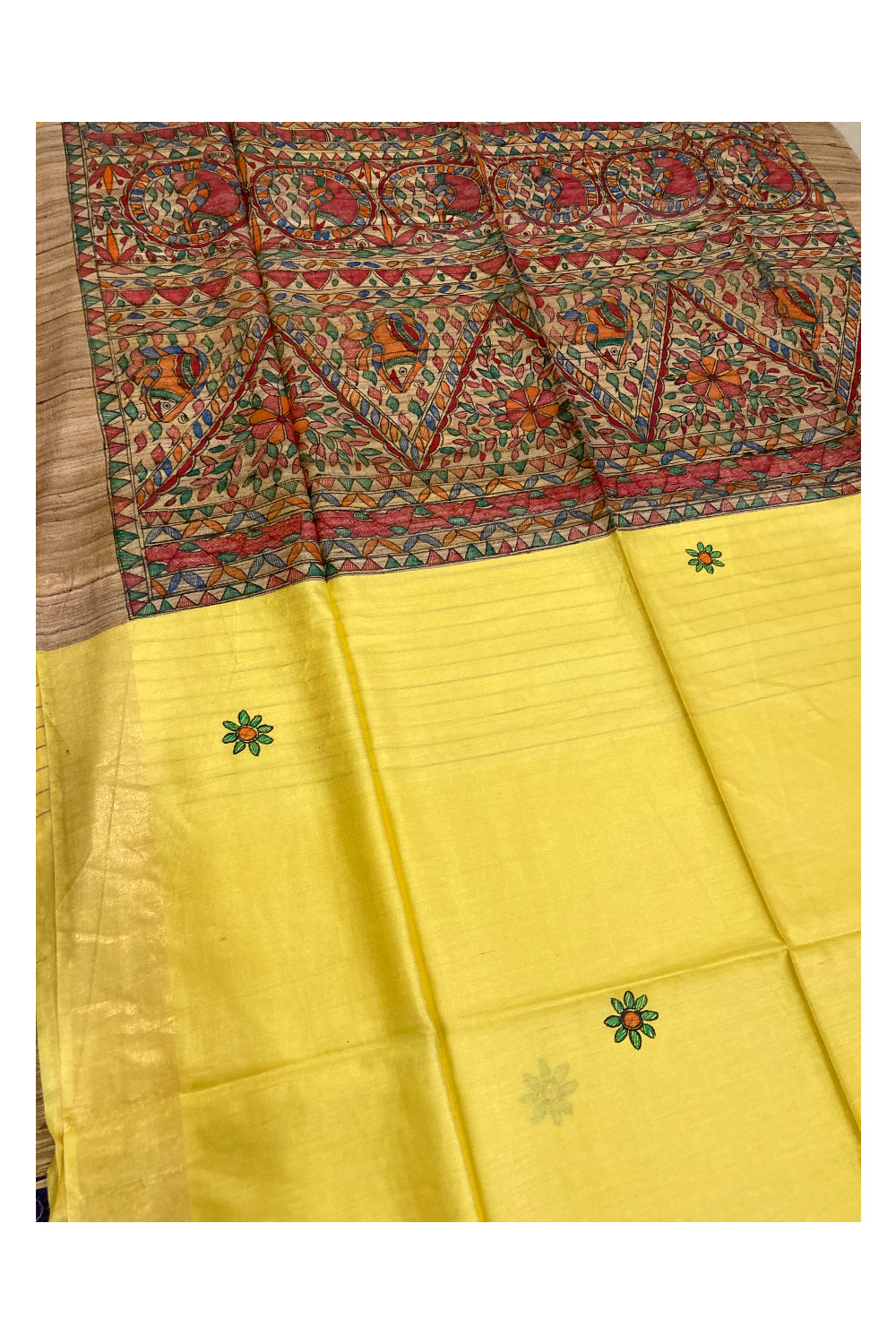 Southloom Soft Silk Yellow Saree with Multi-Coloured Art Works on Pallu