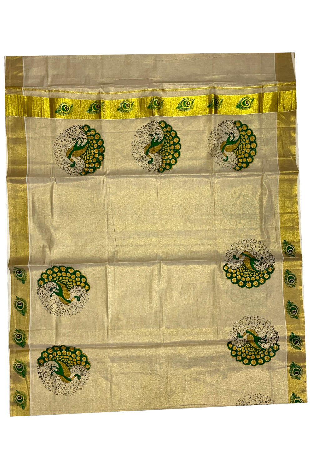 Kerala Tissue Kasavu Saree with Green Peacock Mural Printed Design