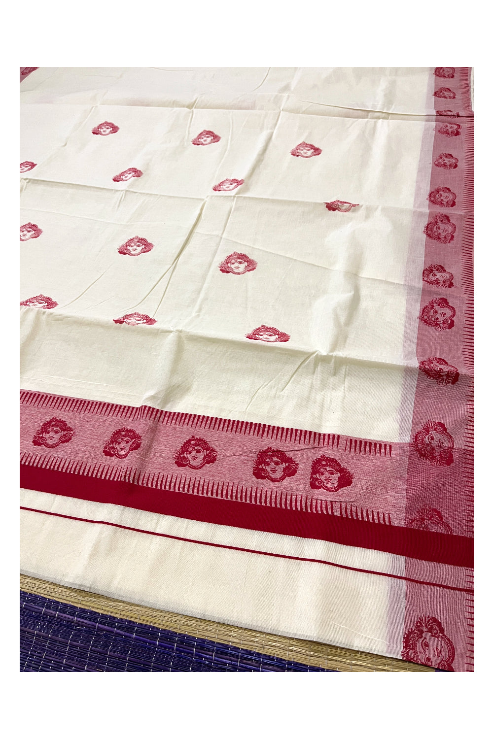 Pure Cotton Kerala Saree with Red Krishna Block Printed Border (Onam Saree 2023)