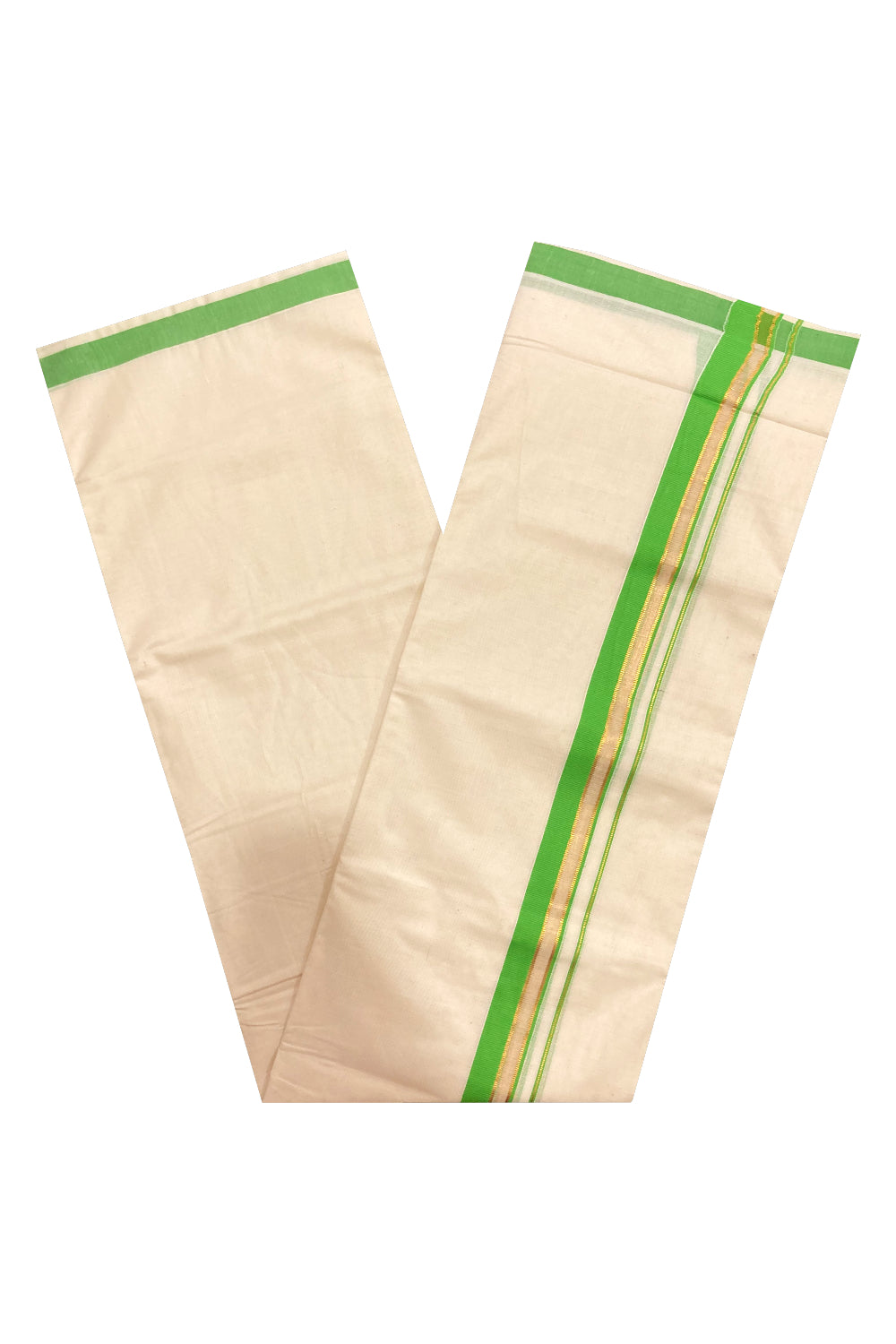 Pure Cotton Double Mundu with Green and Kasavu Border (South Indian Dhoti)