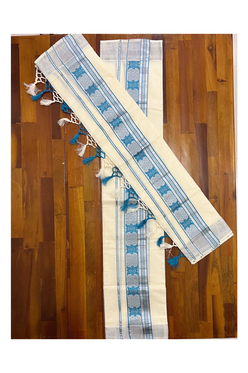 Kerala Cotton Set Mundu Single (Mundum Neriyathum) with Silver Kasavu and Turquoise Woven Border and Tassels Work