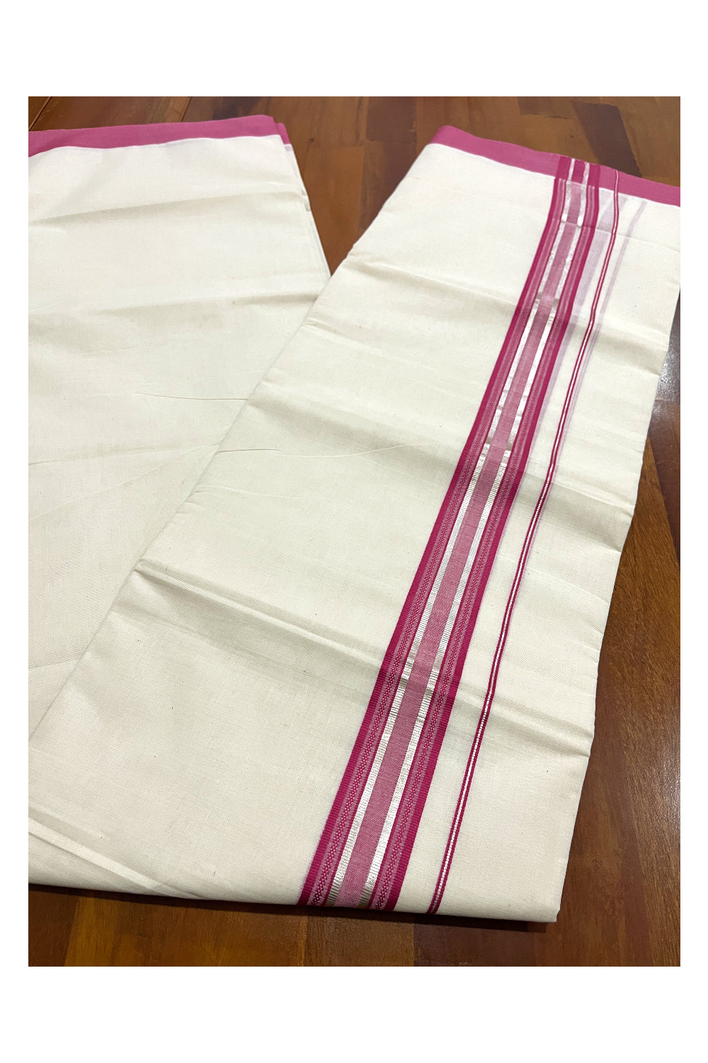 Pure Cotton Off White Double Mundu with Magenta and Silver Kara (South Indian Dhoti)