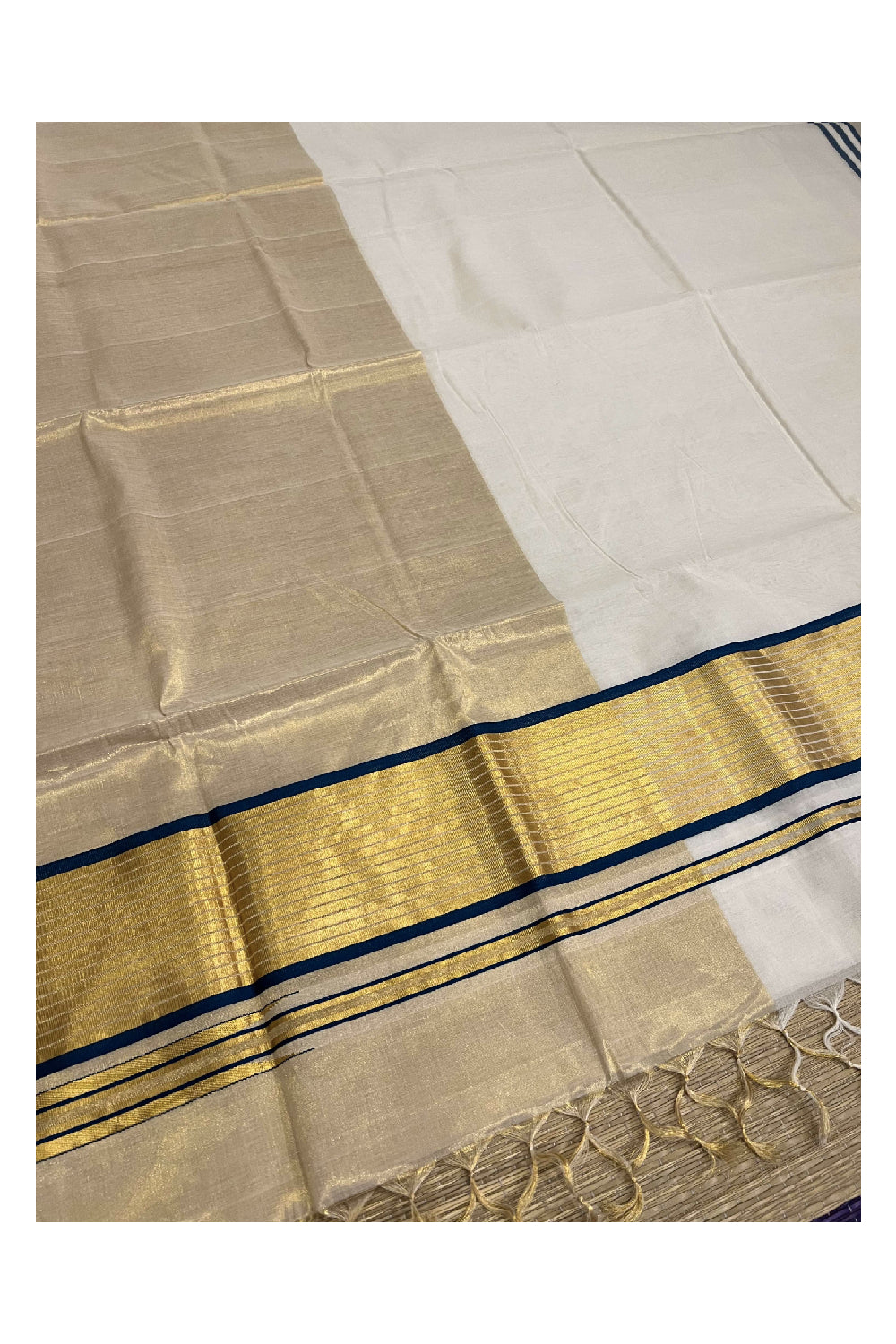 Southloom™ Balaramapuram Handloom Half & Half (Cotton / Tissue) Kerala Saree with Teal Blue and Kasavu Border