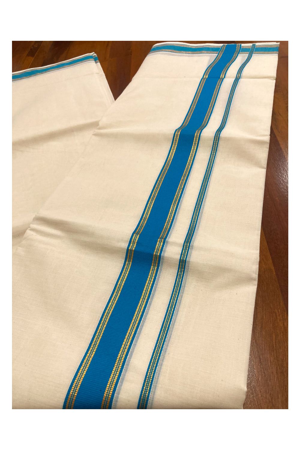 Off White Kerala Double Mundu with Kasavu and Blue Border (South Indian Dhoti)