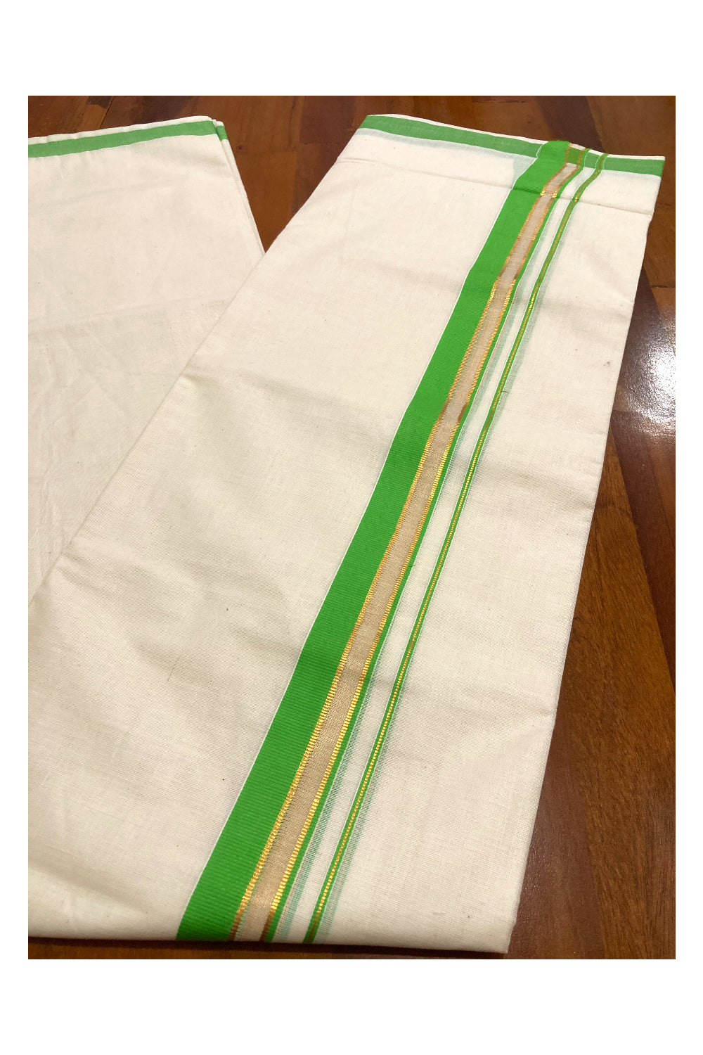 Pure Cotton Double Mundu with Green and Kasavu Border (South Indian Dhoti)