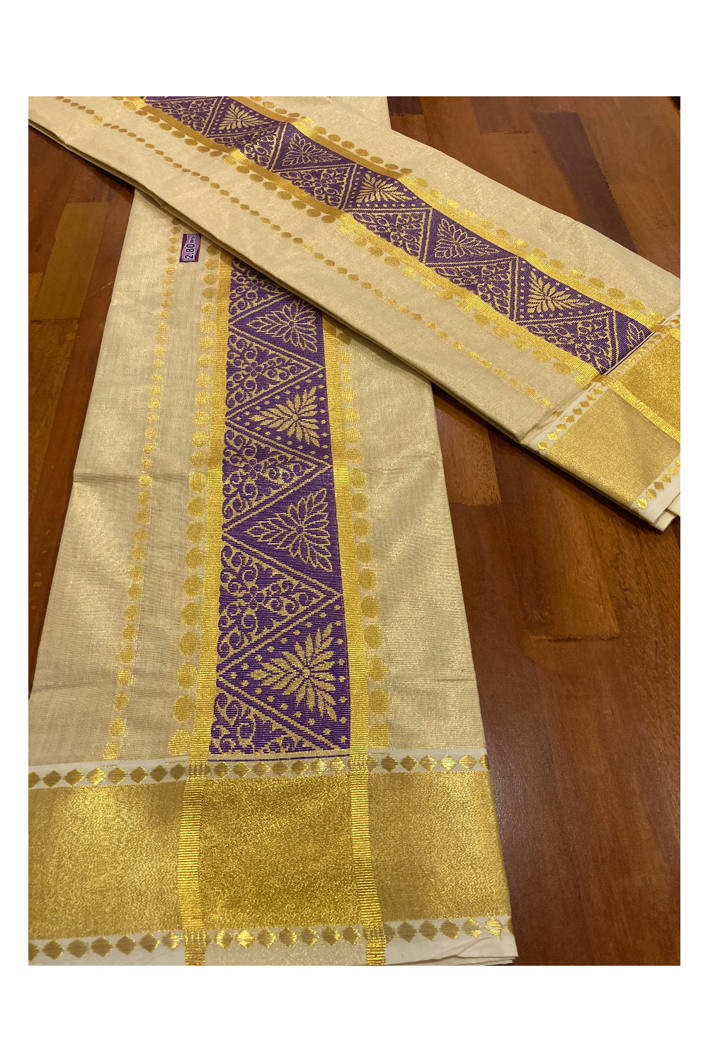 Kerala Tissue Kasavu Set Mundu (Mundum Neriyathum) with Violet Thread Work on Border 2.80 Mtrs