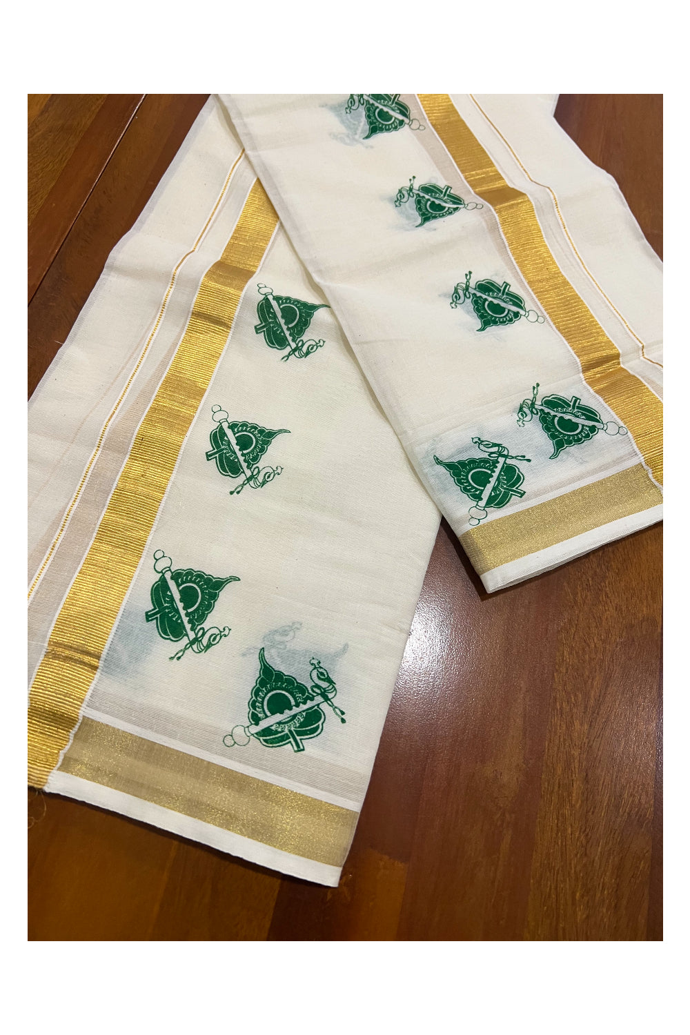 Kerala Cotton Kasavu Set Mundu (Mundum Neriyathum) with Green Block Prints