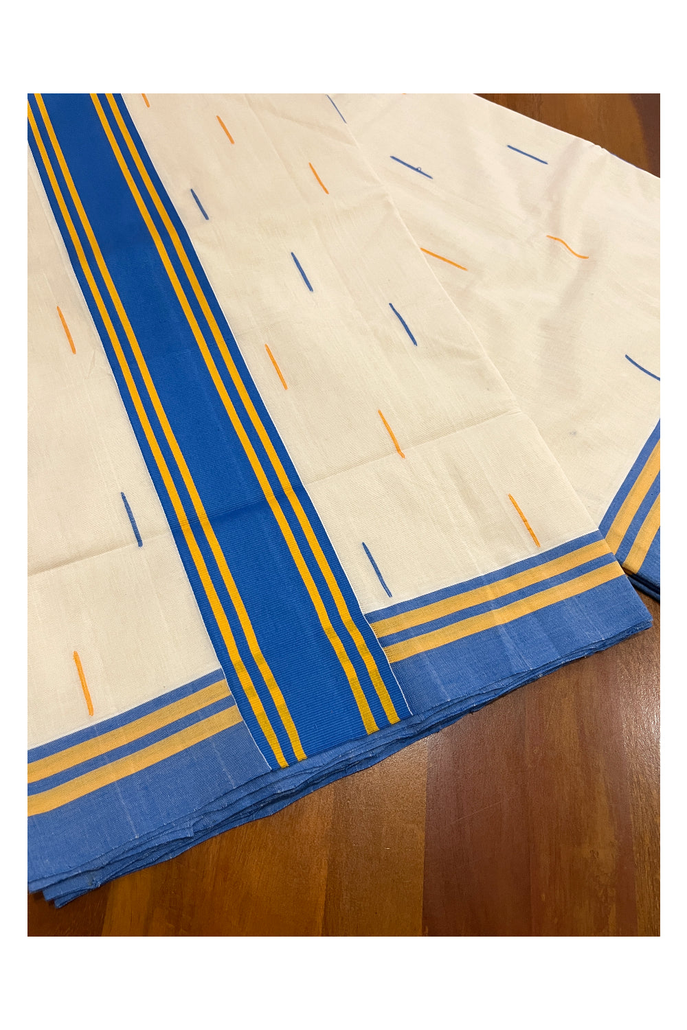 Southloom Balaramapuram Unakkupaavu Handloom Saree with Blue Orange Pallu and Butta Works on Body