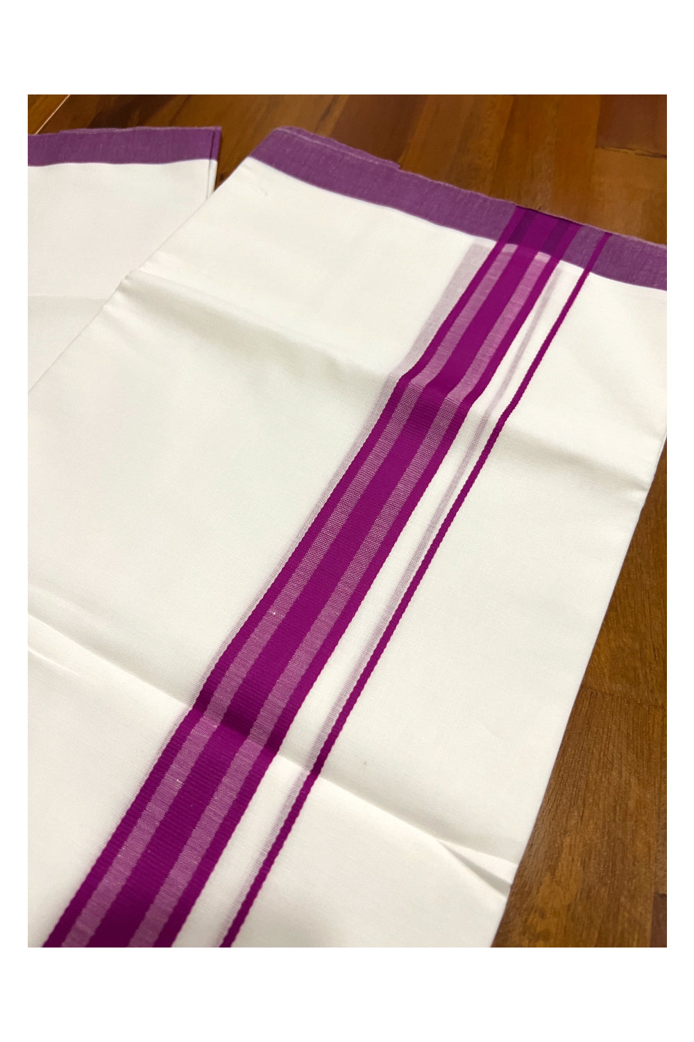 Pure White Cotton Double Mundu with Magenta Line Border (South Indian Dhoti)