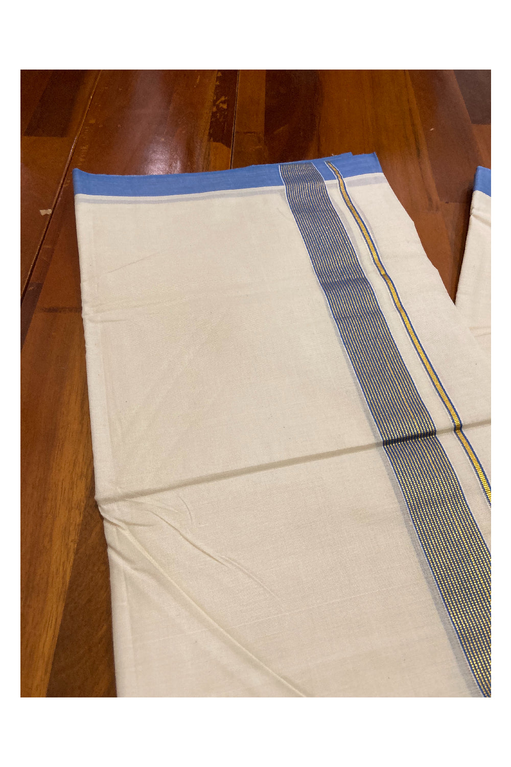 Off White Kerala Double Mundu with Kasavu and Blue Line Border (South Indian Dhoti)