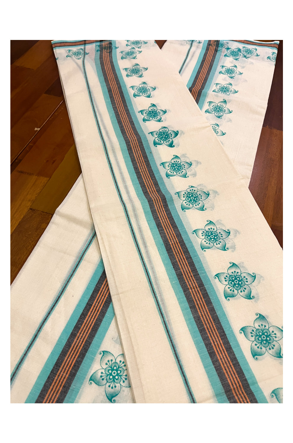 Kerala Cotton Mulloth Mundum Neriyathum Single (Set Mundu) with Turquoise Block Prints on Border (Extra Soft Cotton)