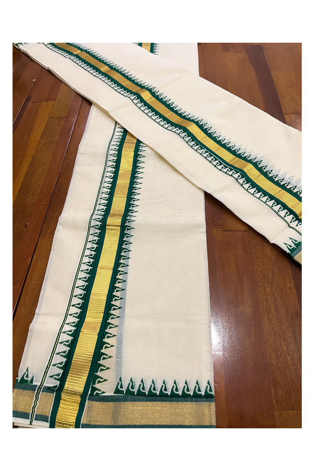 Pure Cotton Kasavu Single Set Mundu (Mundum Neriyathum) with Green Temple Border 2.80 Mtrs (Onam 2024 Collection)