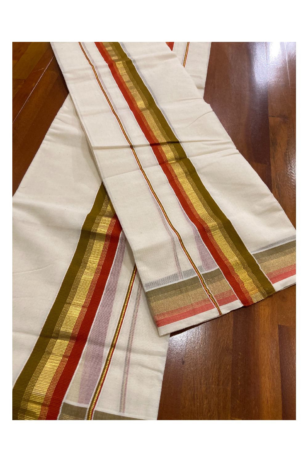 Kerala Cotton Mundum Neriyathum Double (Set Mundu) with Olive Green Red and Kasavu Border