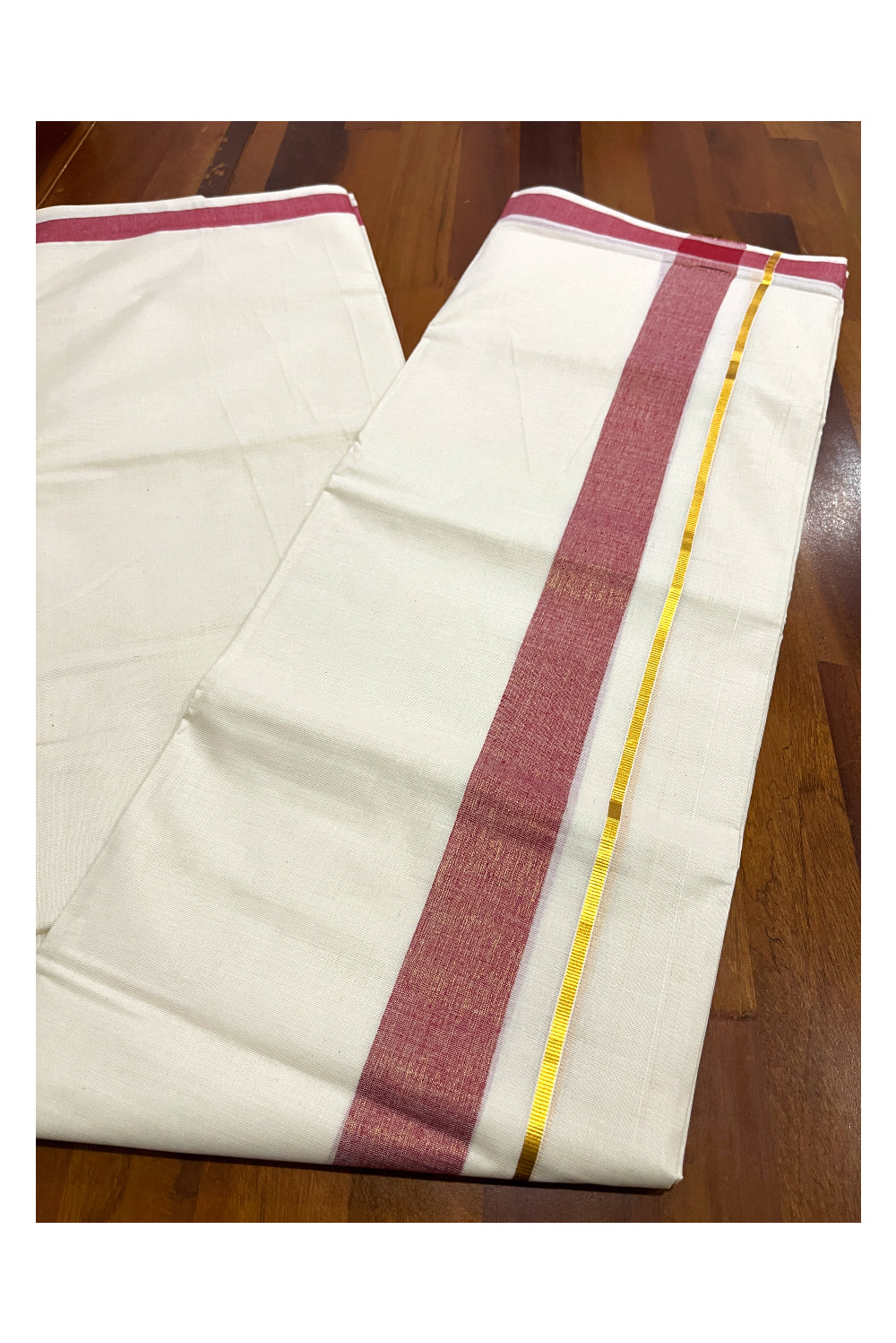 Pure Cotton Double Mundu with Kasavu Red Kara (South Indian Dhoti)