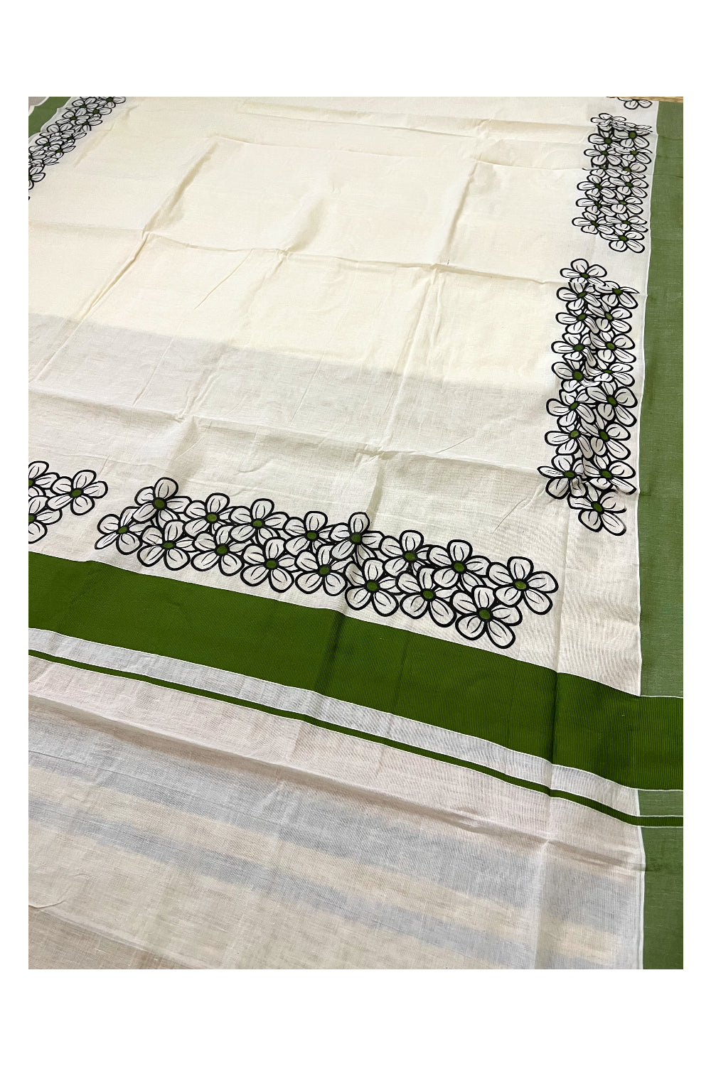 Southloom Onam 2022 Kerala Saree with Black Floral Block Prints and Olive Green Border