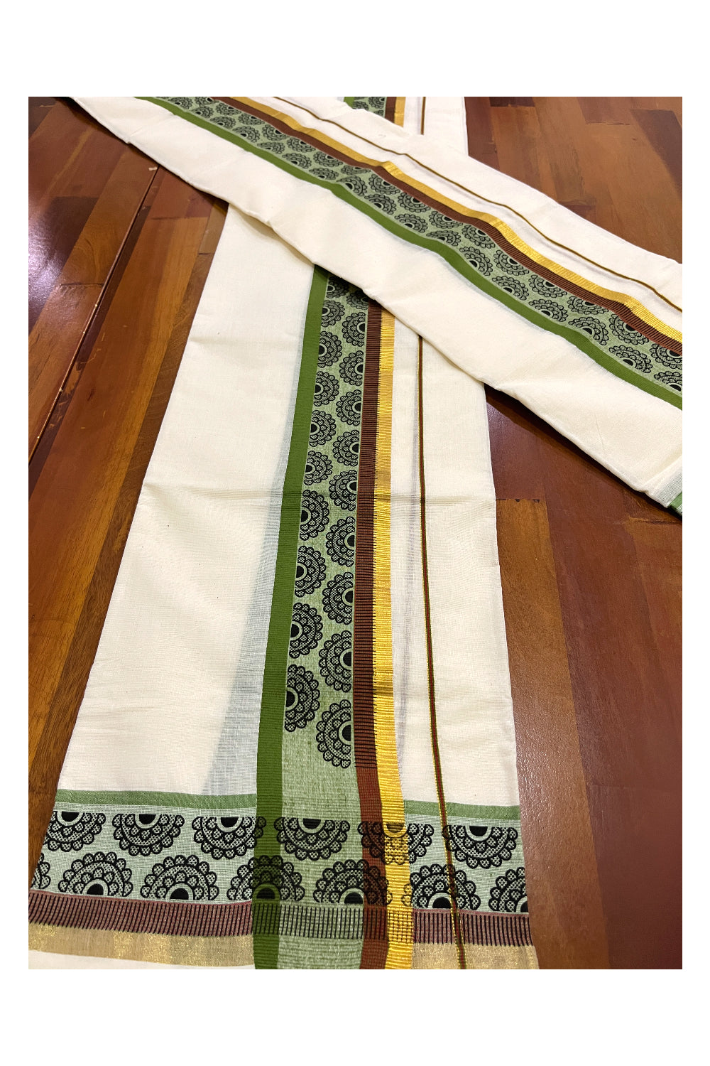 Kerala Cotton Single Kasavu Set Mundu (Mundum Neriyathum) with Block Prints on Green Brown Border