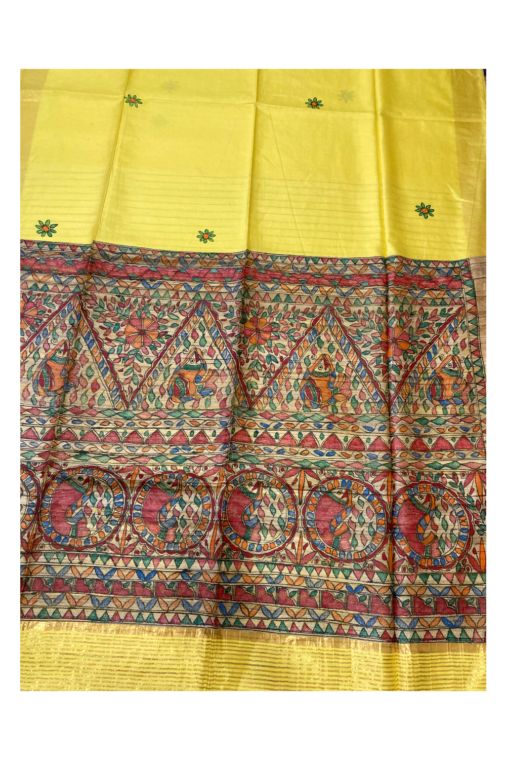 Southloom Soft Silk Yellow Saree with Multi-Coloured Art Works on Pallu