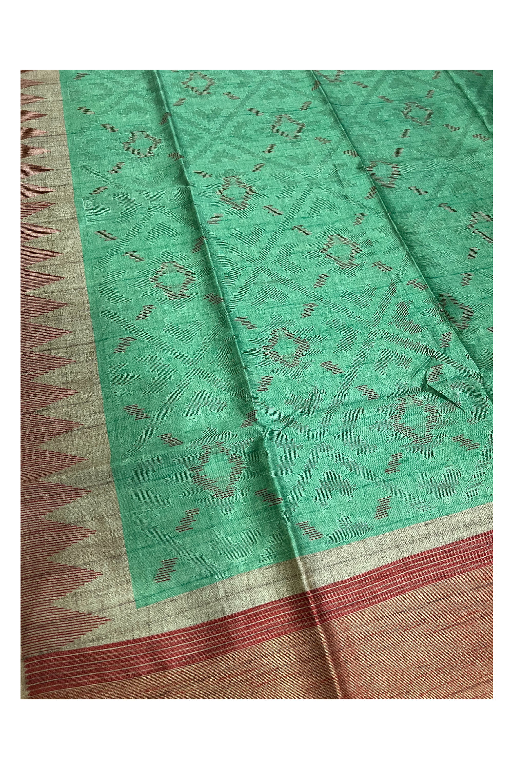 Southloom Green Semi Tussar Designer Saree with Red Temple Border